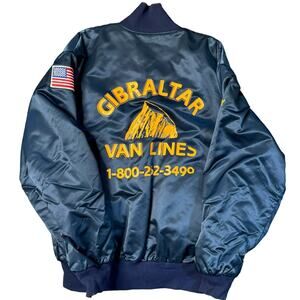 Vintage Birdie Blue Gibraltar Van Lines Insulated Satin Bomber Jacket Size L
